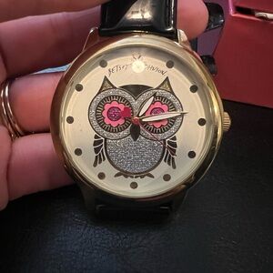 Betsey Johnson Gold Tone Owl Watch with Black Strap